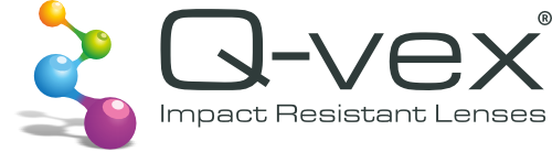 Q-vex Impact Resistant Lenses logosu; renkli molekül grafiğiyle Q-vex yazısı.